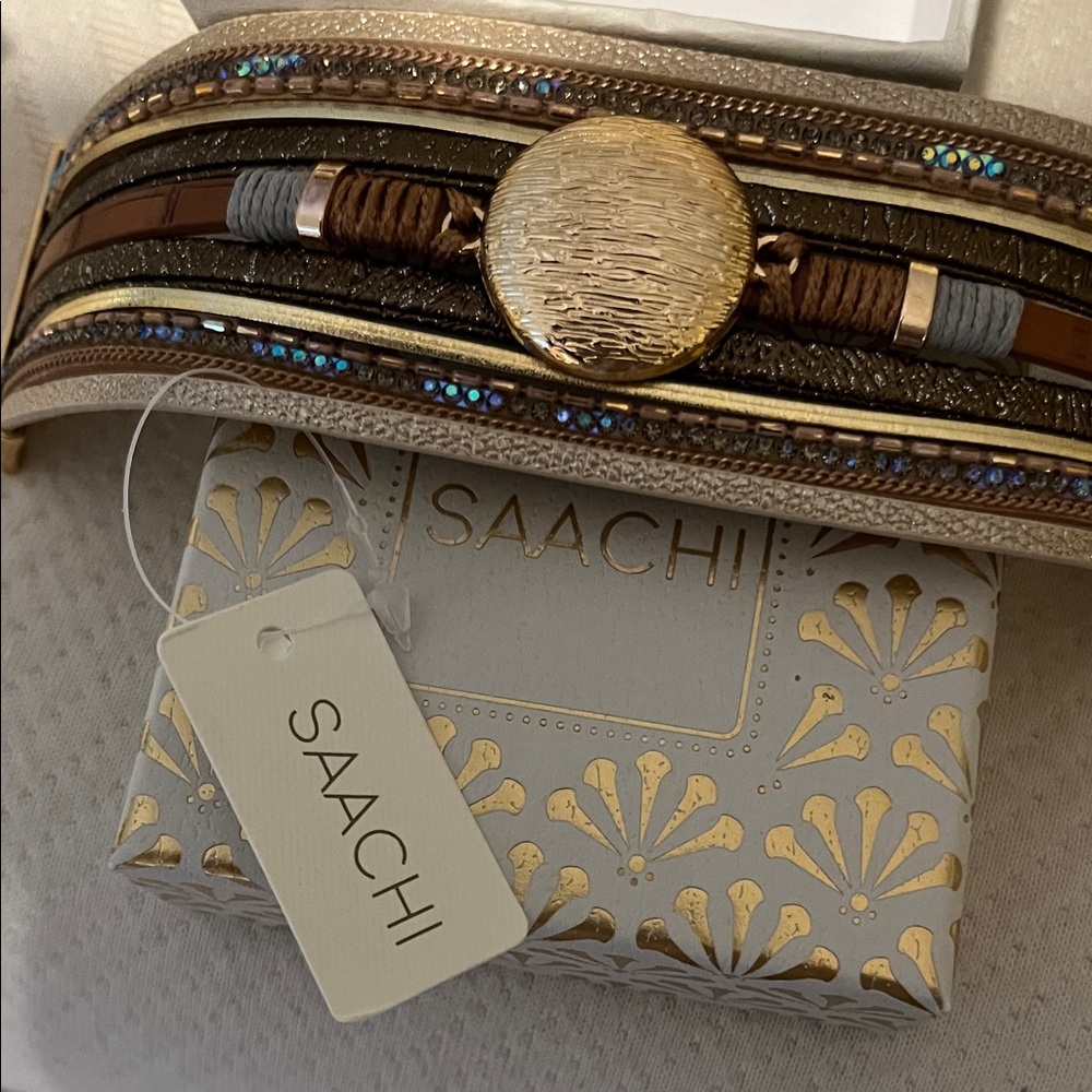 NIB Saachi Elegant Gold and Black Bangle Set Vegan Leather Brass Rhinestone - Picture 7 of 10